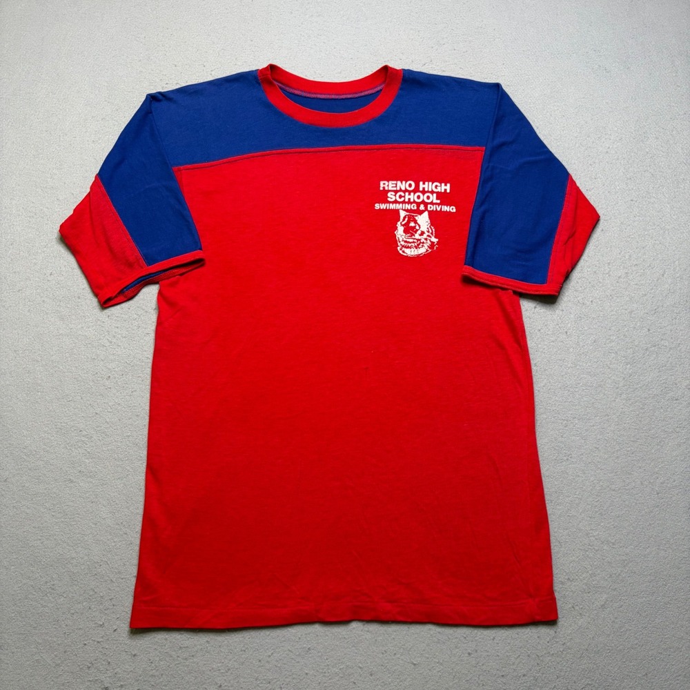 Vintage Reno High School T Shirt Mens M Red Blue 80s Swimming Diving Distressed